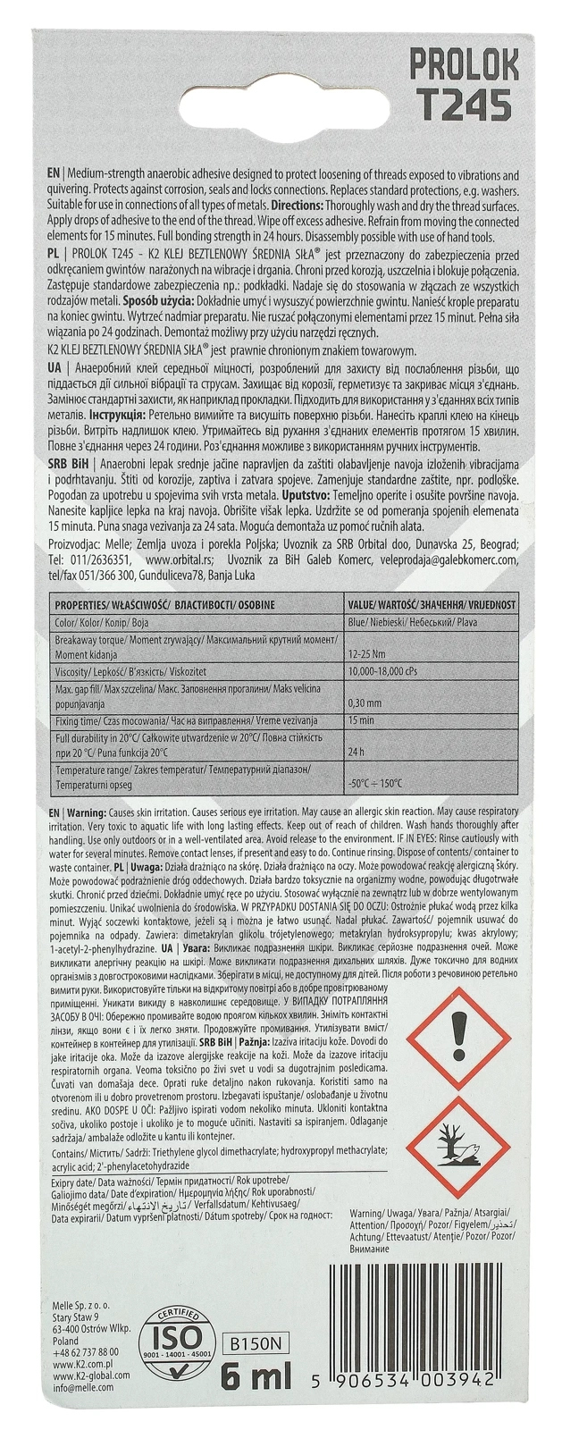 Клей для резьбы K2 PROLOK T245 MEDIUM, 6 мл