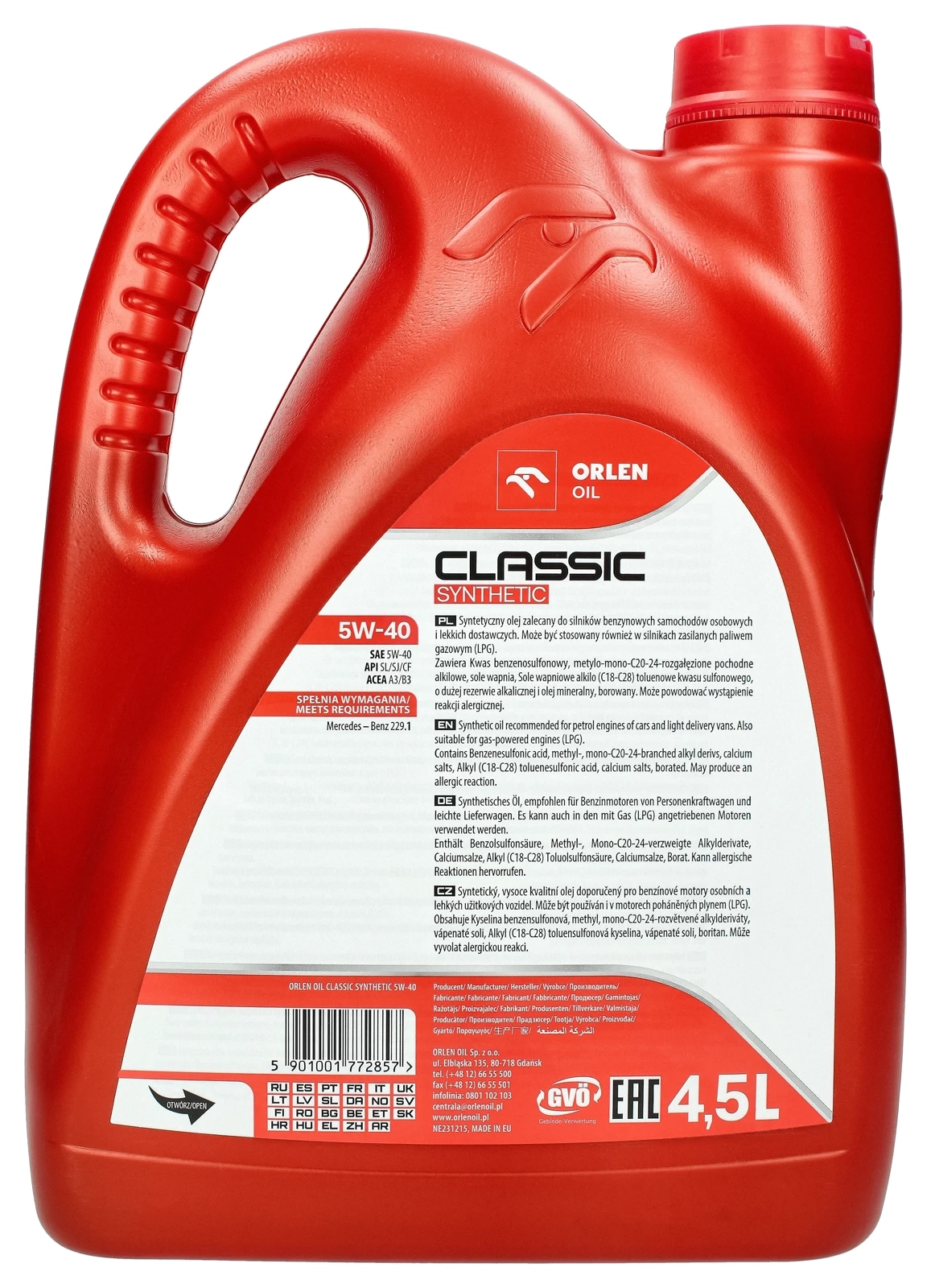 Моторное масло Orlen Platinum Classic Synthetic 5W - 40, 4,5 л