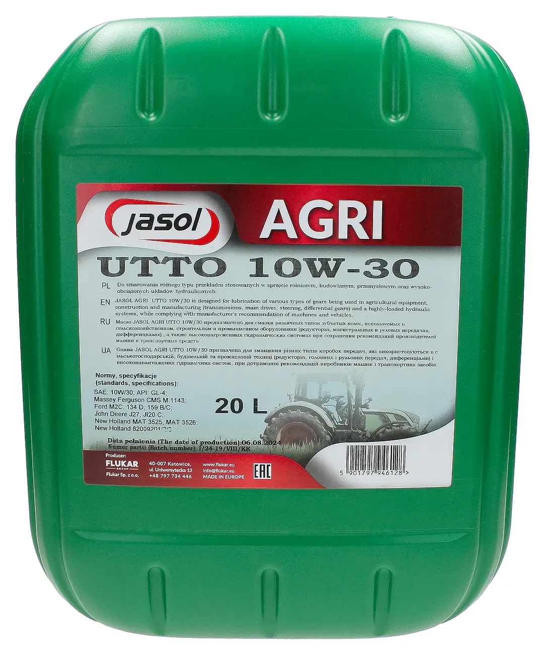 Гидравлическое трансмиссионное масло JASOL AGRICAT UTTO 10W-30, 20 л