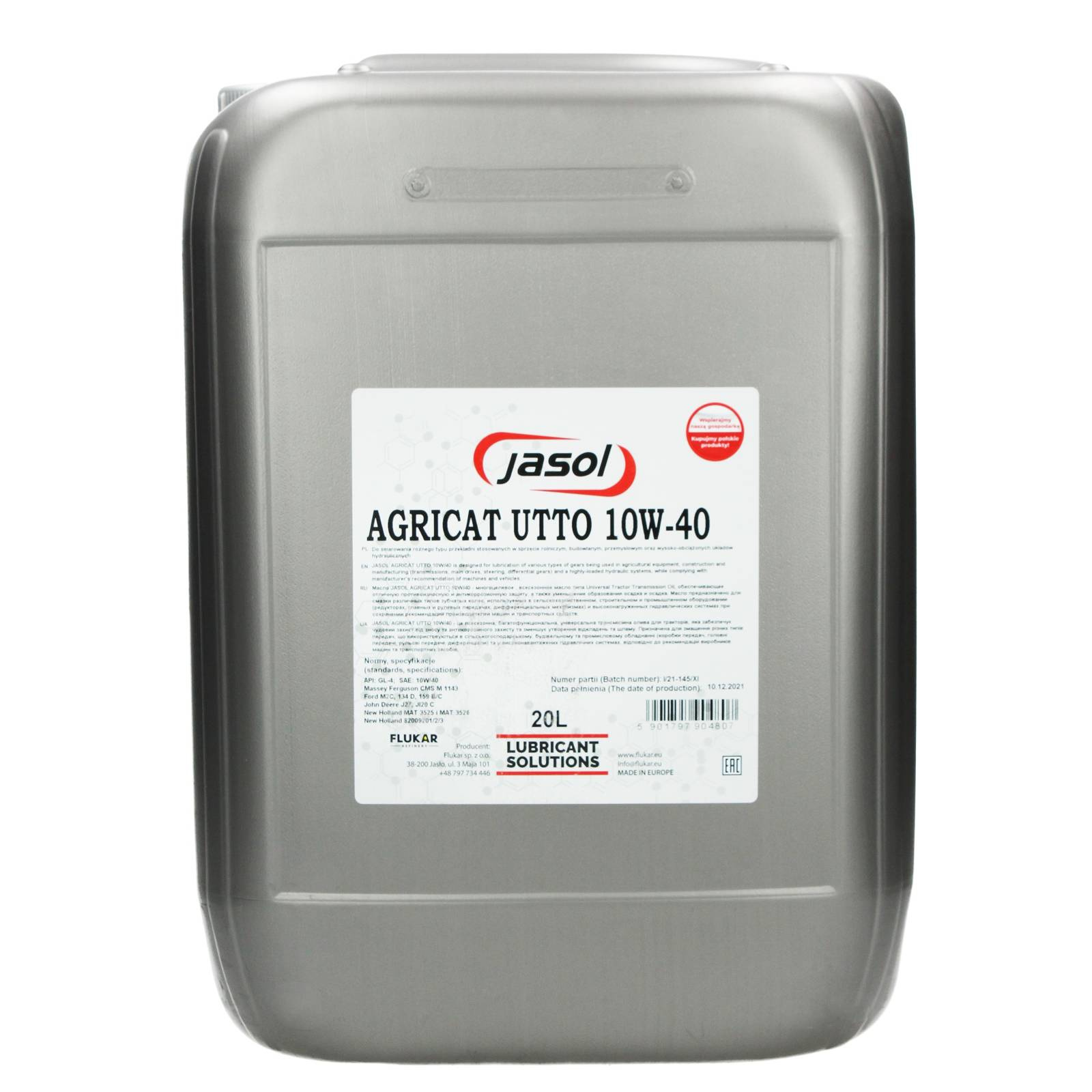 Гидравлическое трансмиссионное масло JASOL AGRICAT UTTO 10W-40, 20 л